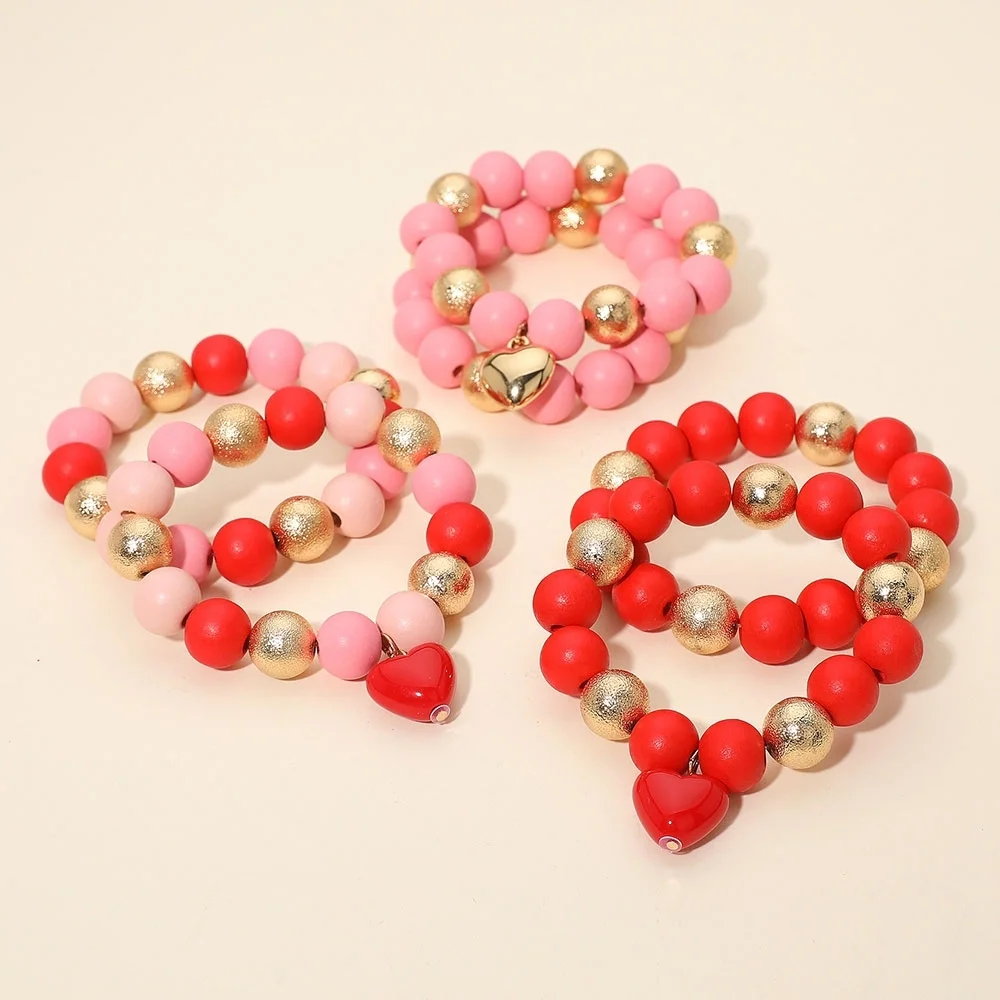 Red Gold Heart Charm Layered Metal Ball Chunky Wooden Beaded Stretch Bracelet